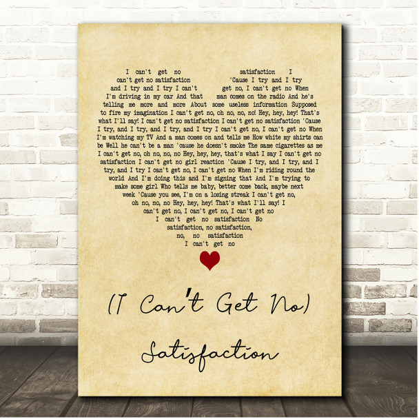 The Rolling Stones (I Cant Get No) Satisfaction Vintage Heart Song Lyric Print
