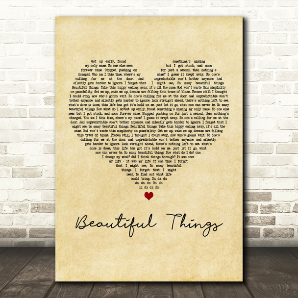 Andain Beautiful Things Vintage Heart Decorative Wall Art Gift Song Lyric Print