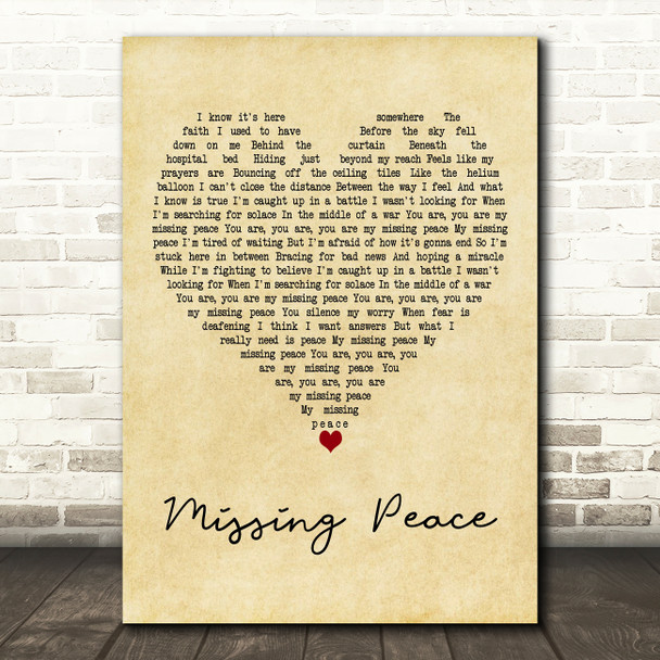 JJ Heller Missing Peace Vintage Heart Decorative Wall Art Gift Song Lyric Print