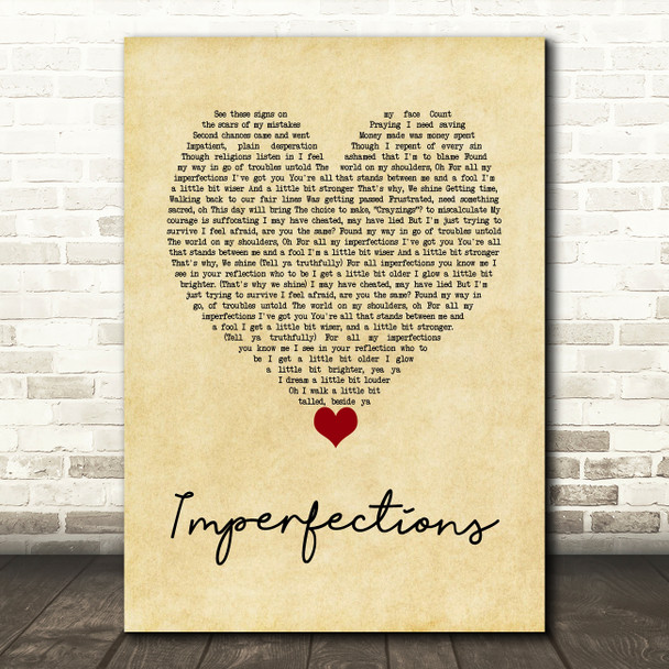 Josh Osho Imperfections Vintage Heart Decorative Wall Art Gift Song Lyric Print