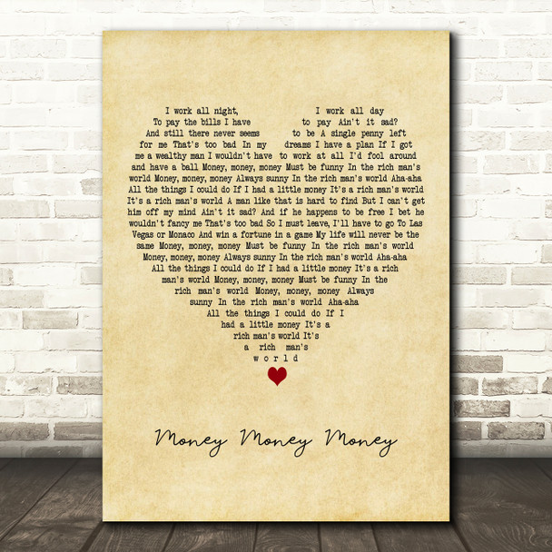 ABBA Money Money Money Vintage Heart Decorative Wall Art Gift Song Lyric Print