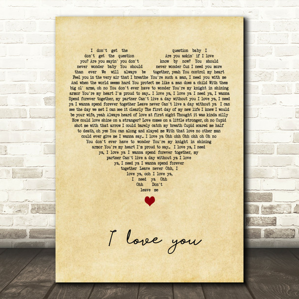 Kina Cosper I Love You Vintage Heart Decorative Wall Art Gift Song Lyric Print