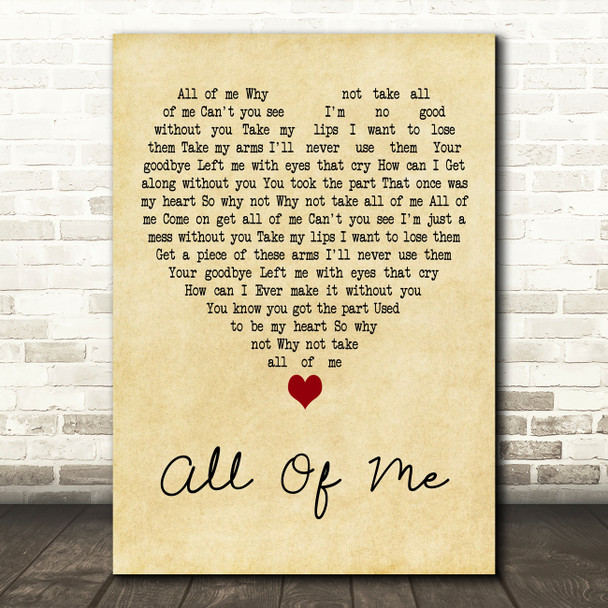 Irvin Berlin All Of Me Vintage Heart Decorative Wall Art Gift Song Lyric Print
