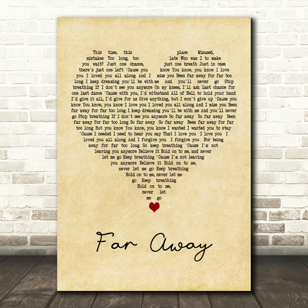 Nickelback Far Away Vintage Heart Decorative Wall Art Gift Song Lyric Print