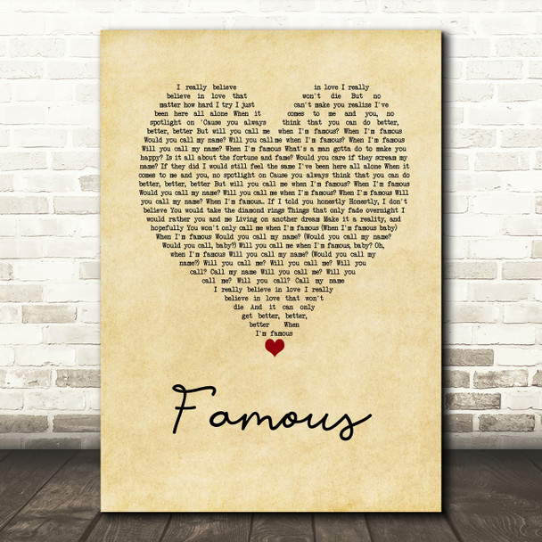 Nathan Sykes Famous Vintage Heart Decorative Wall Art Gift Song Lyric Print