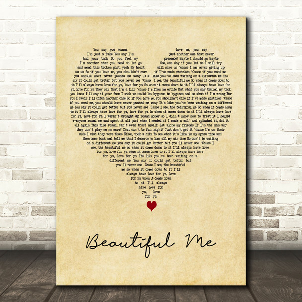 Dappy Beautiful Me Vintage Heart Decorative Wall Art Gift Song Lyric Print