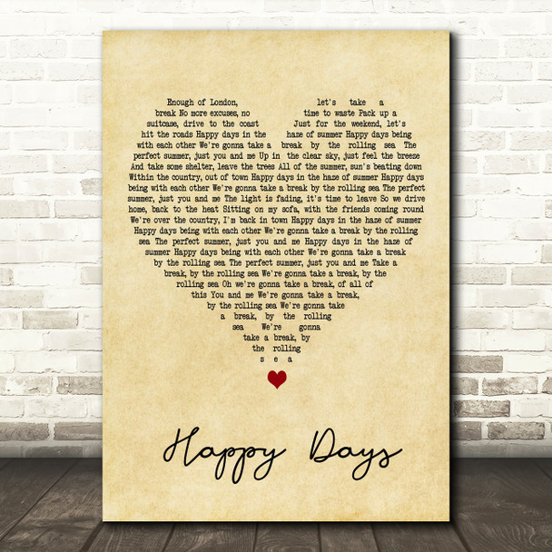 Squeeze Happy Days Vintage Heart Decorative Wall Art Gift Song Lyric Print
