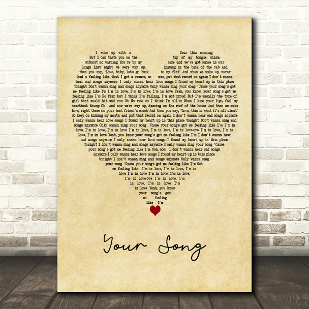 Rita Ora Your Song Vintage Heart Decorative Wall Art Gift Song Lyric Print