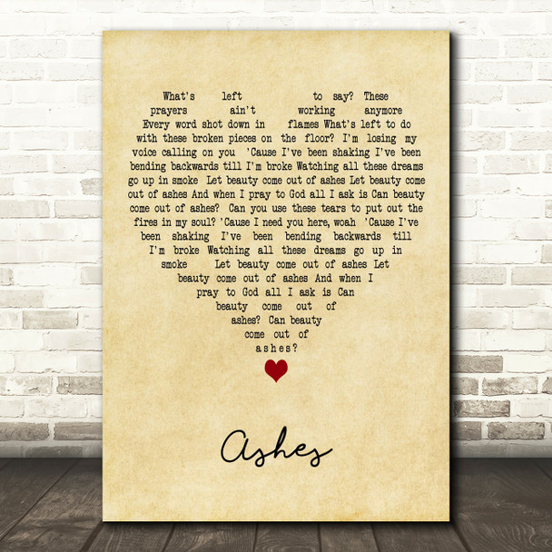 Celine Dion Ashes Vintage Heart Decorative Wall Art Gift Song Lyric Print