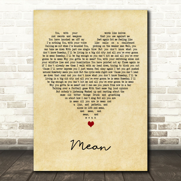 Taylor Swift Mean Vintage Heart Decorative Wall Art Gift Song Lyric Print