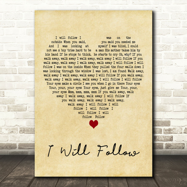 U2 I Will Follow Vintage Heart Decorative Wall Art Gift Song Lyric Print