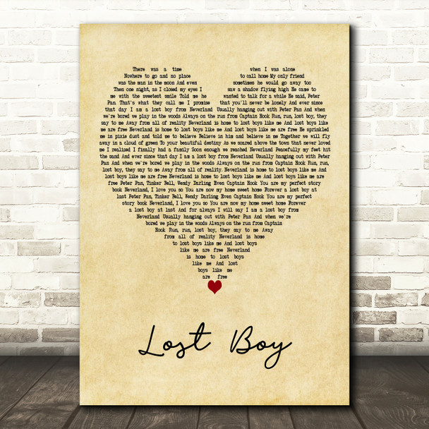 Ruth B Lost Boy Vintage Heart Decorative Wall Art Gift Song Lyric Print