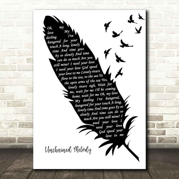 The Righteous Brothers Unchained Melody Black & White Feather & Birds Song Lyric Print