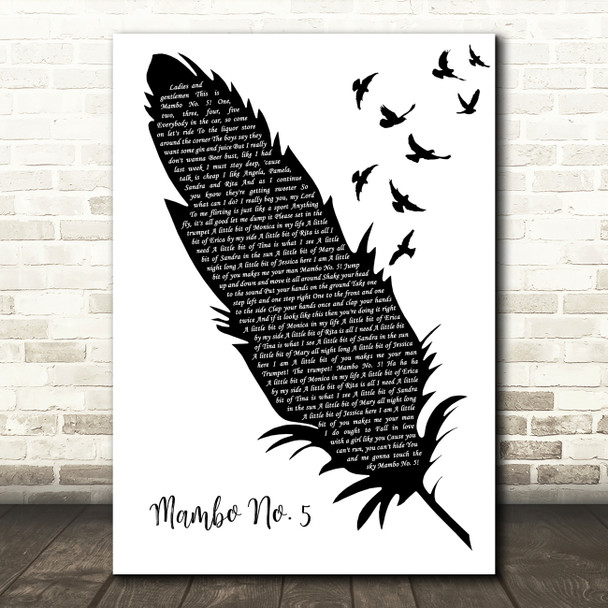 Lou Bega Mambo No. 5 Black & White Feather & Birds Decorative Gift Song Lyric Print