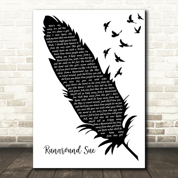Dion Runaround Sue Black & White Feather & Birds Decorative Gift Song Lyric Print