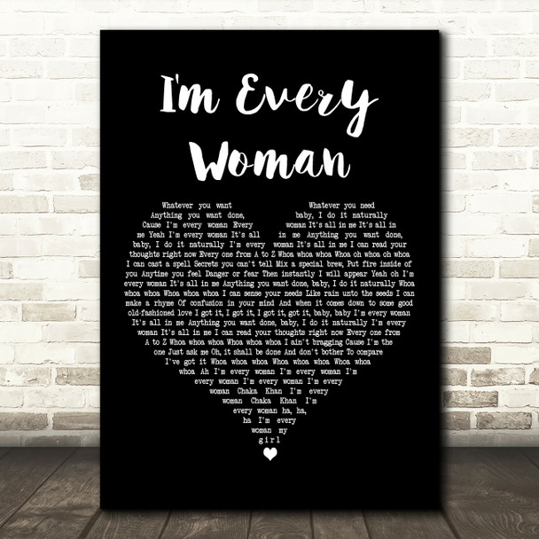 Whitney Houston I'm Every Woman Black Heart Decorative Wall Art Gift Song Lyric Print