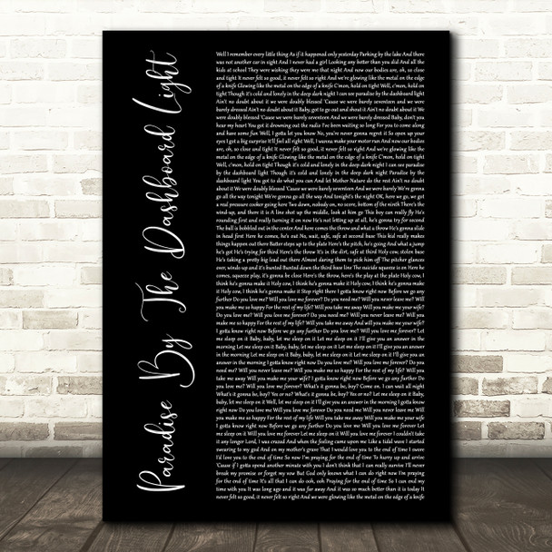 Meat Loaf Paradise By The Dashboard Light Black Script Decorative Gift Song Lyric Print
