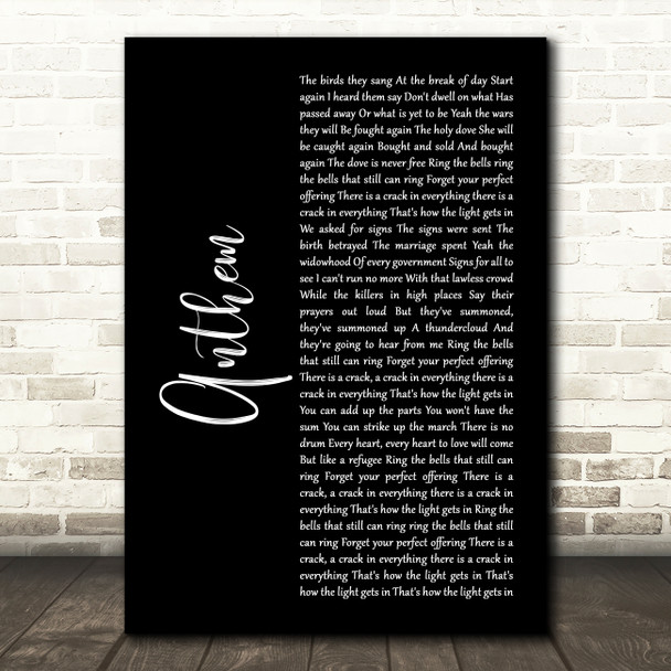 Leonard Cohen Anthem Black Script Decorative Wall Art Gift Song Lyric Print
