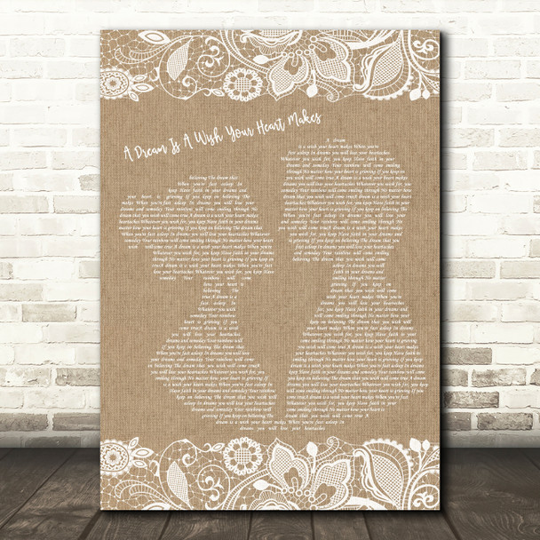 Cinderella A Dream Is A Wish Your Heart Makes Burlap & Lace Song Lyric Print