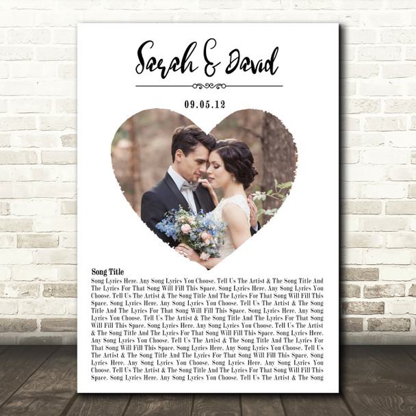 Heart Wedding Photo White Names Date Bottom Script Any Song Lyric Wall Art Print