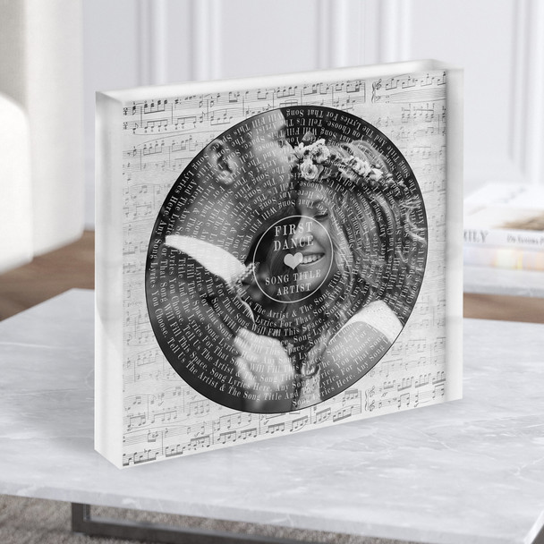 Square Vinyl Record Wedding Photo Grey Script Any Song Lyric Acrylic Block