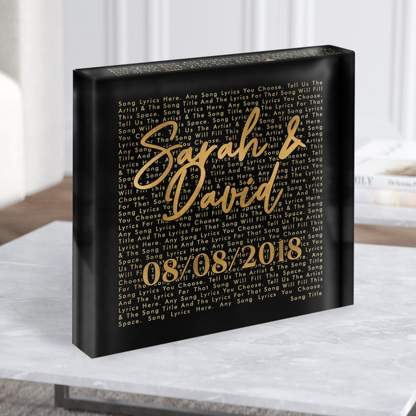 Black Gold Square Simple Script Any Song Lyric Acrylic Block