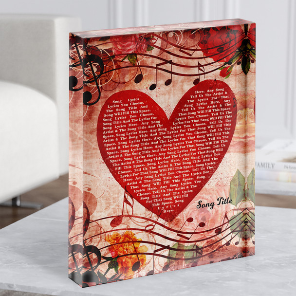 Deep Red Romantic Floral Heart Any Song Lyric Acrylic Block
