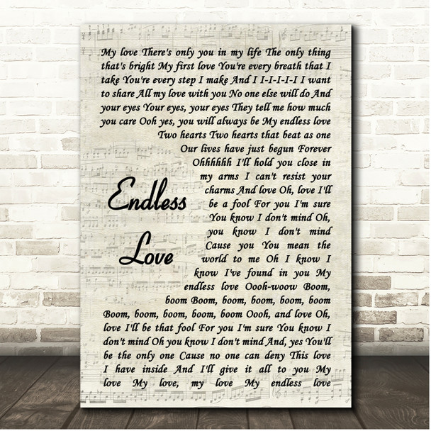 Lionel Richie & Diana Ross Endless Love Vintage Script Song Lyric Print