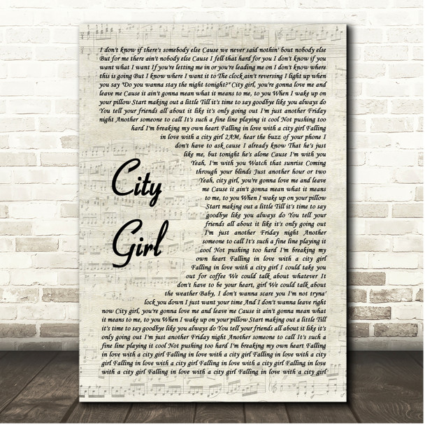 Ryan Hurd City Girl Vintage Script Song Lyric Print