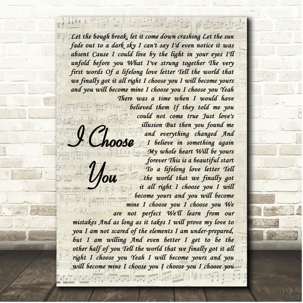 Sara Bareilles I Choose You Vintage Script Song Lyric Print