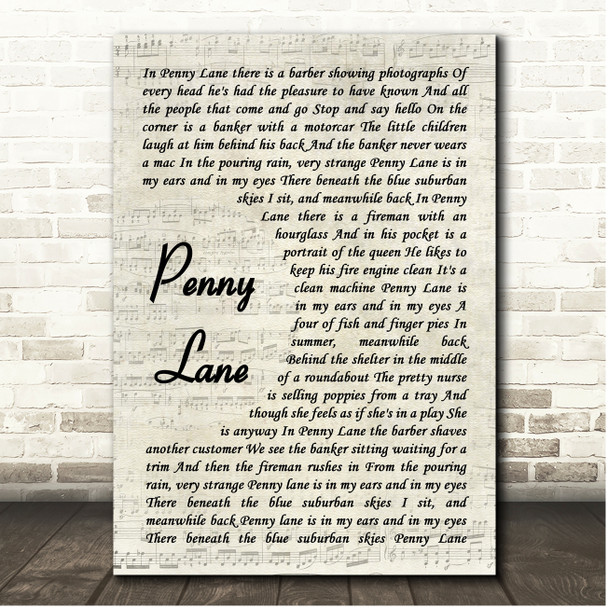 The Beatles Penny Lane Vintage Script Song Lyric Print