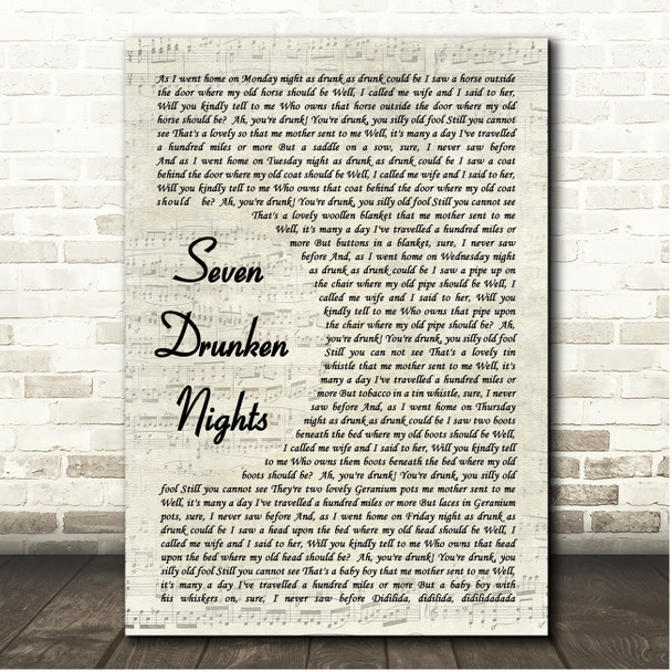 The Dubliners Seven Drunken Nights Vintage Script Song Lyric Print