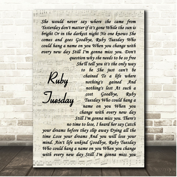 The Rolling Stones Ruby Tuesday Vintage Script Song Lyric Print