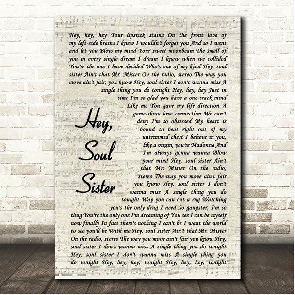 Train Hey, Soul Sister Vintage Script Song Lyric Print