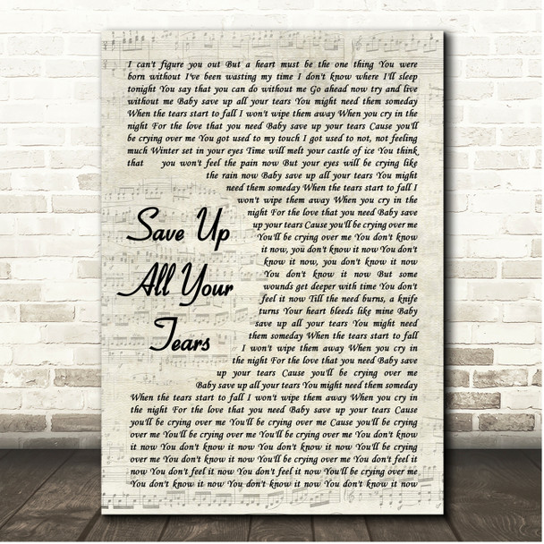 Cher Save Up All Your Tears Vintage Script Song Lyric Print