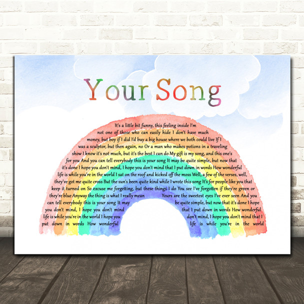 Elton John Your Song Watercolour Rainbow & Clouds Song Lyric Print