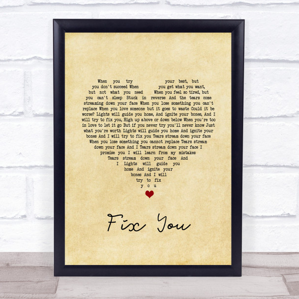 Coldplay Fix You Vintage Heart Song Lyric Quote Print