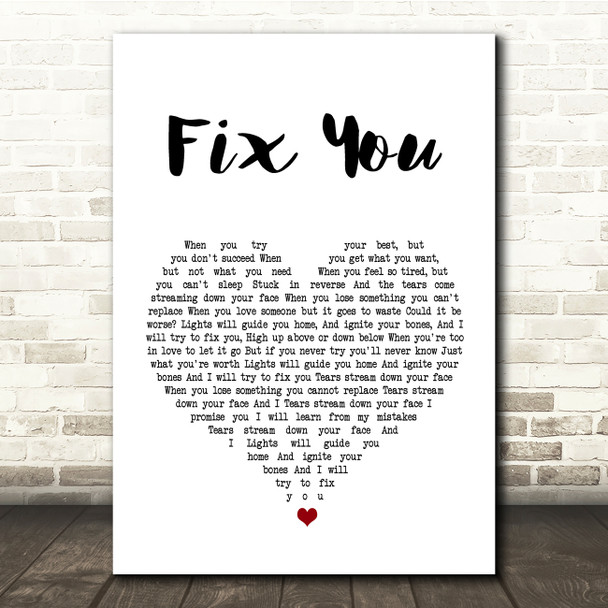 Coldplay Fix You White Heart Song Lyric Quote Print 