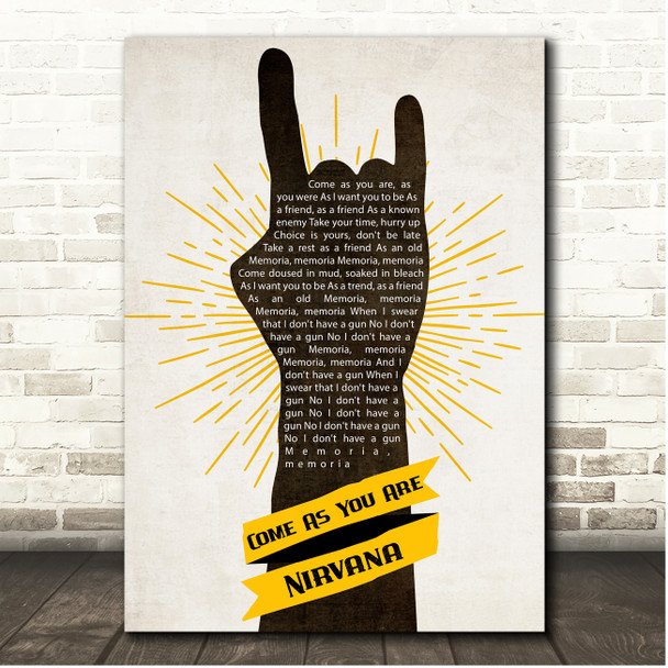 Nirvana Come As You Are Rock Fist Hand Yellow Song Lyric Print