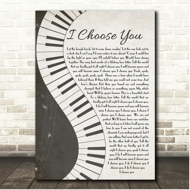 Sarah Bareilles I Choose You Rustic Grey Piano Script Song Lyric Print