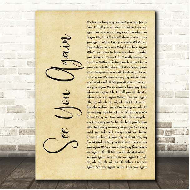 Charlie Puth See You Again Rustic Script Song Lyric Print