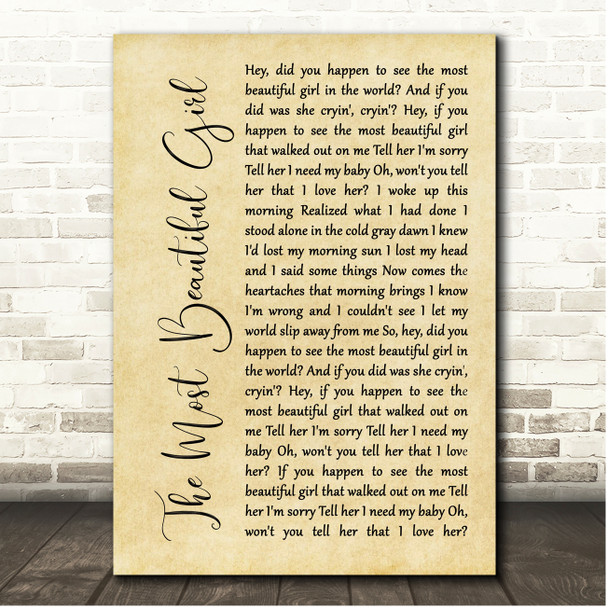 Charlie Rich The Most Beautiful Girl Rustic Script Song Lyric Print