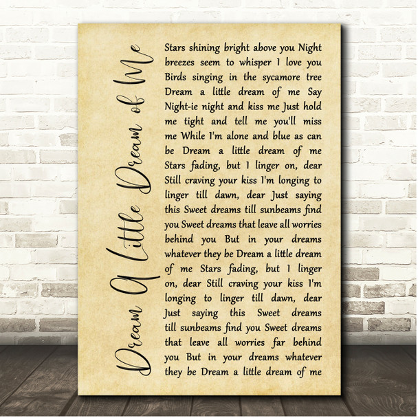 Doris Day Dream A Little Dream of Me Rustic Script Song Lyric Print