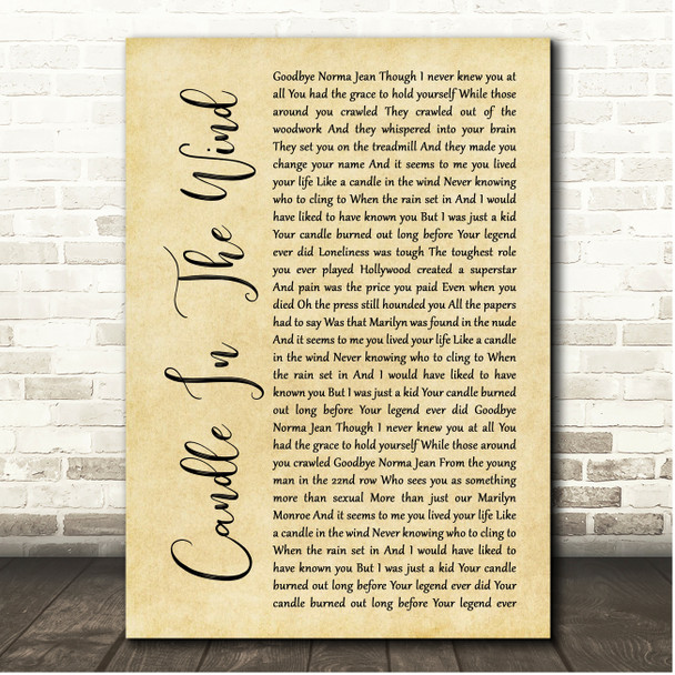 Elton John Candle In The Wind Rustic Script Song Lyric Print