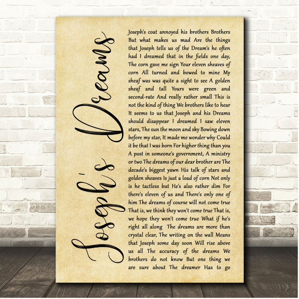 Andrew Lloyd Webber Joseph's Dreams Rustic Script Song Lyric Print