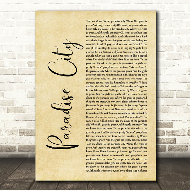 Guns N' Roses Paradise City Rustic Script Song Lyric Print