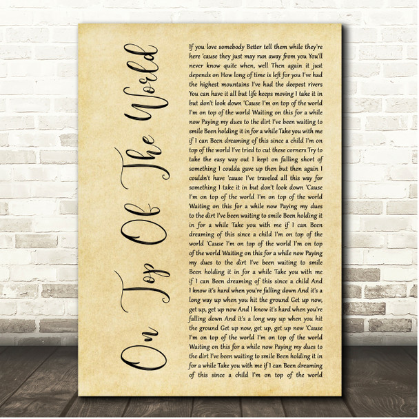Imagine Dragons On Top Of The World Rustic Script Song Lyric Print