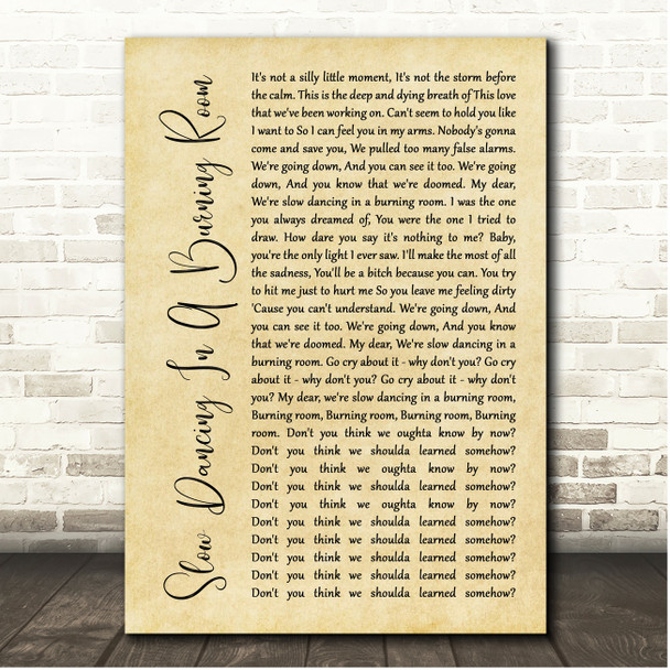 John Mayer Slow Dancing In A Burning Room Rustic Script Song Lyric Print