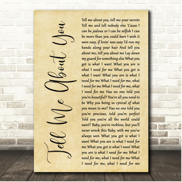 Kina, Mishaal Tell Me About You Rustic Script Song Lyric Print