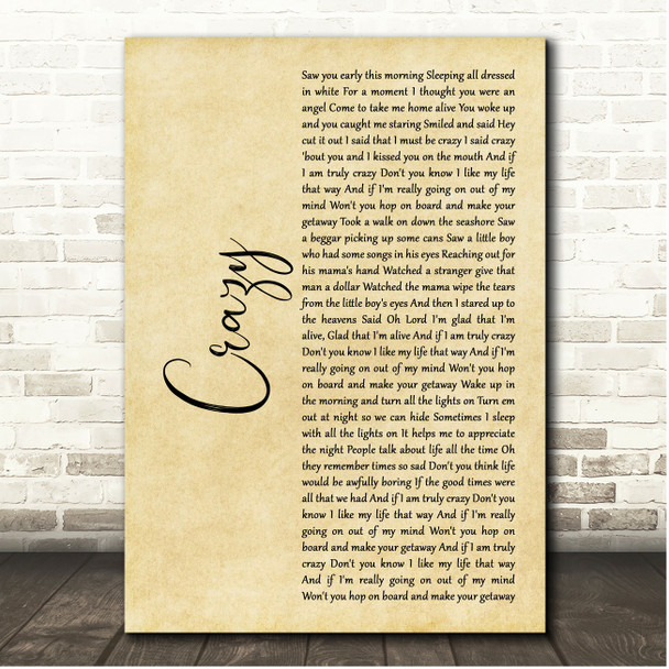 Pat Green Crazy Rustic Script Song Lyric Print